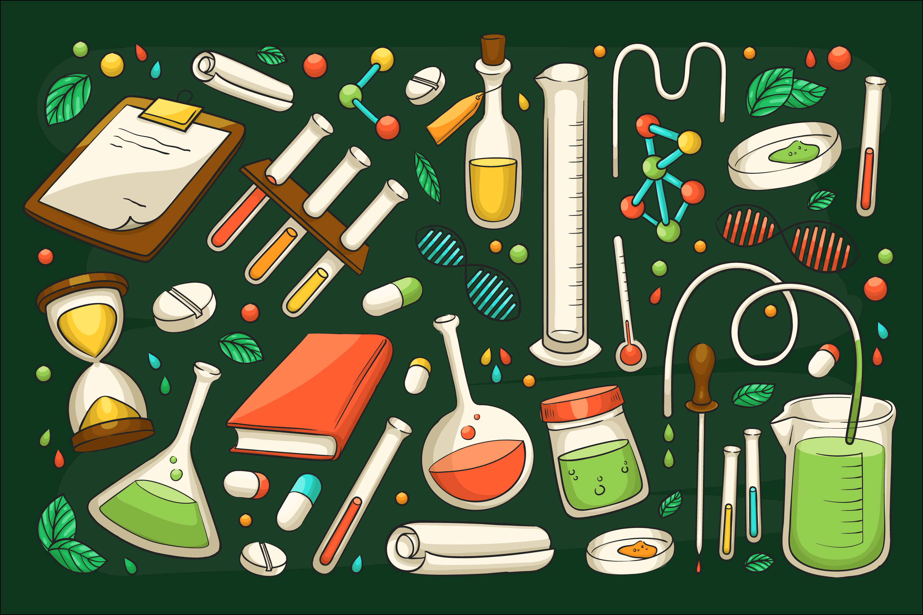 Коллаж из различных изображений, связанных с биологией, на темно-зеленом фоне: пробирки, микроскопы, спираль ДНК и другие