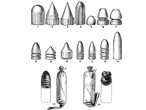 Гравюра 19 в., на которой изображены пули различного вида Гравюра 19 в., на которой изображены пули различного вида